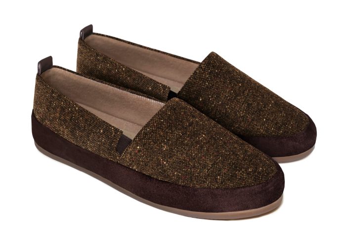 Dark Brown Slippers for Men in Donegal Tweed