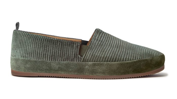 Sage Green Corduroy Slippers for Men with Sheepskin