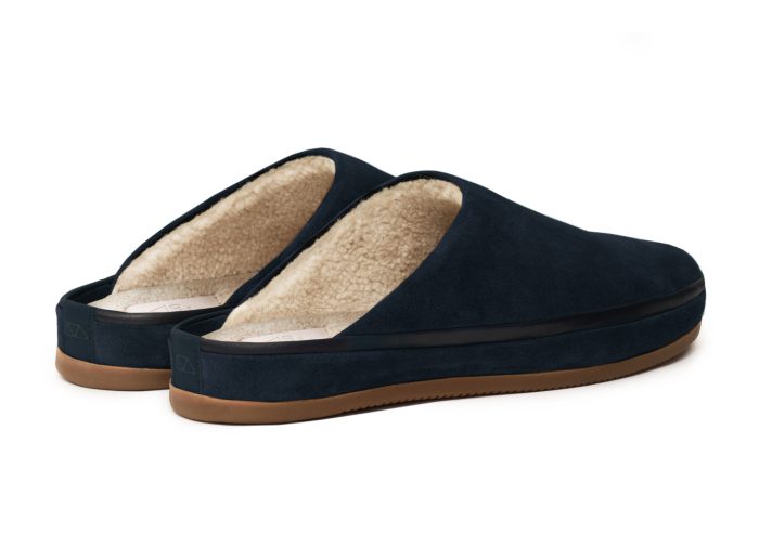 Warm Navy Blue Suede Sheepskin Men's Slippers